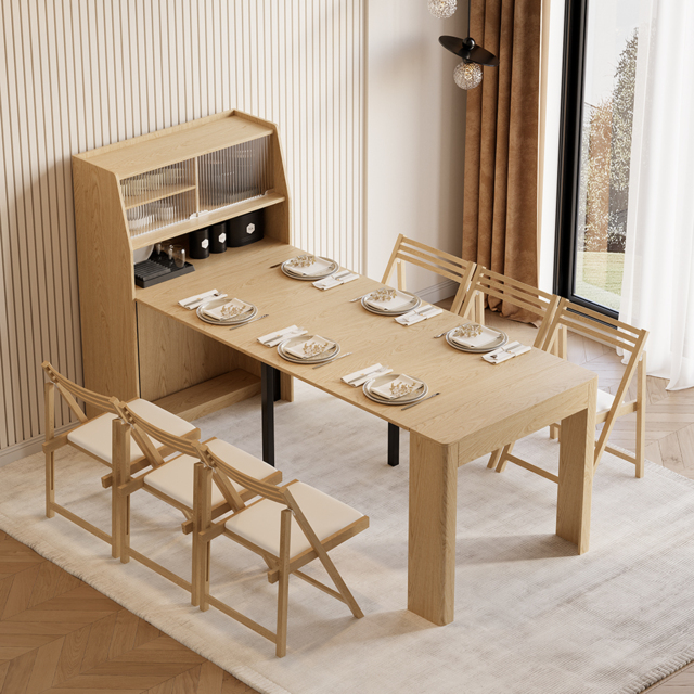 Modern Extendable Dining Table with Storage Rectangle Sideboard Glass Door Natural&Grey - image 1