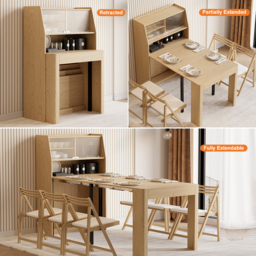 Modern Extendable Dining Table with Storage Rectangle Sideboard Glass Door Natural&Grey - thumbnail 3