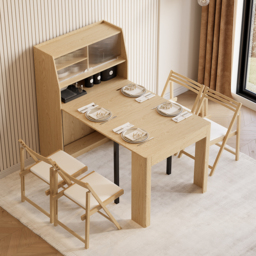 Modern Extendable Dining Table with Storage Rectangle Sideboard Glass Door Natural&Grey - thumbnail 7