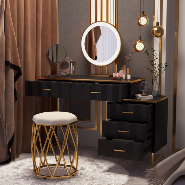 extendable Modern black dressing table with 5 drawers and dressing table with stool and mirror - image 1