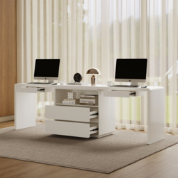 Modern 240 cm Rectangular White Double Desk with 4 Drawers & 1 Cabinet, Seats 2 - thumbnail 2
