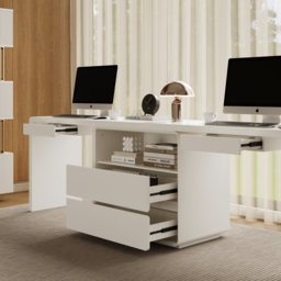 Modern 240 cm Rectangular White Double Desk with 4 Drawers & 1 Cabinet, Seats 2 - thumbnail 4