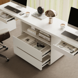 Modern 240 cm Rectangular White Double Desk with 4 Drawers & 1 Cabinet, Seats 2 - thumbnail 6