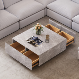 Modern Square Coffee Table with 4 Drawers Storage Wooden Pedestal Coffee Table - thumbnail 3