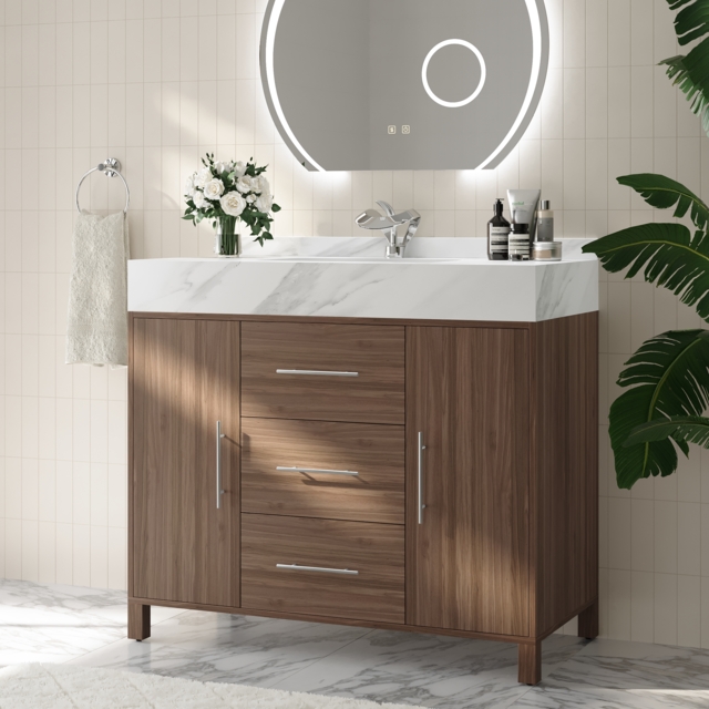 100 cm Walnut Freestanding Bathroom Vanity Sintered Stone Top & Silver Handles - image 1