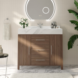 100 cm Walnut Freestanding Bathroom Vanity Sintered Stone Top & Silver Handles - thumbnail 2