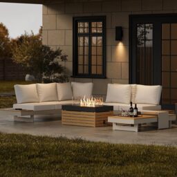 5 PCS L Shaped Outdoor Sectional Sofa Set with Smokeless Propane Fire Pit Table Yard & Patio Furniture for 6 Person Cushion & Pillow Included - thumbnail 3