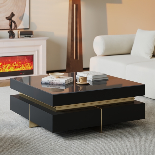 Black Modern Square Coffee Table with Drawers Tempered Glass Top & Metal Legs - image 1