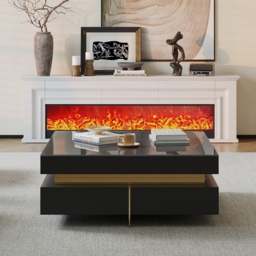 Black Modern Square Coffee Table with Drawers Tempered Glass Top & Metal Legs - thumbnail 3