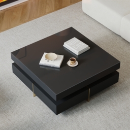 Black Modern Square Coffee Table with Drawers Tempered Glass Top & Metal Legs - thumbnail 2