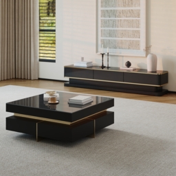 Black Modern Square Coffee Table with Drawers Tempered Glass Top & Metal Legs - thumbnail 4