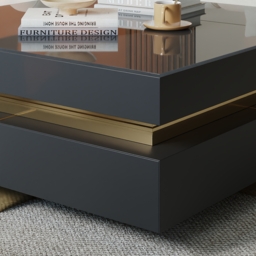 Black Modern Square Coffee Table with Drawers Tempered Glass Top & Metal Legs - thumbnail 8