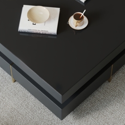 Black Modern Square Coffee Table with Drawers Tempered Glass Top & Metal Legs - thumbnail 7