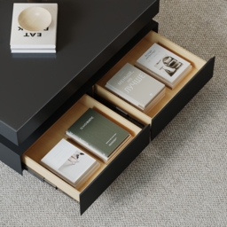 Black Modern Square Coffee Table with Drawers Tempered Glass Top & Metal Legs - thumbnail 6