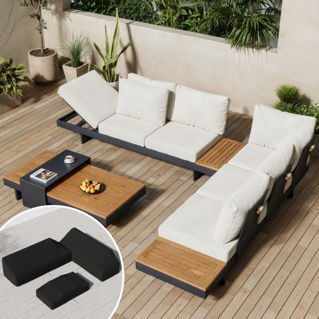 4-Piece Modular Outdoor Sofa Set for 6 with Teak Table & Beige Cushions, Includes Protective Covers - image 1