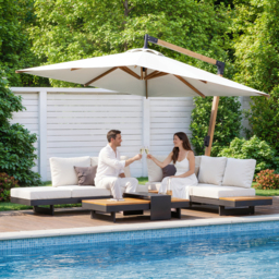 4-Piece Modular Outdoor Sofa Set for 6 with Teak Table & Beige Cushions, Includes Protective Covers - thumbnail 4