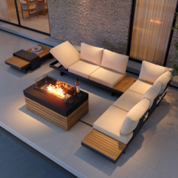 4-Piece Modular Outdoor Sofa Set for 6 with Teak Table & Beige Cushions, Includes Protective Covers - thumbnail 3