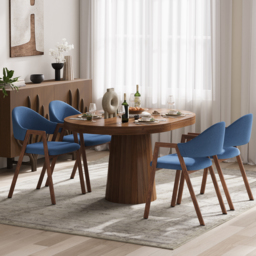 Blue Linen Upholstered Dining Chair Curved Back Chair 8-Pieces - thumbnail 4