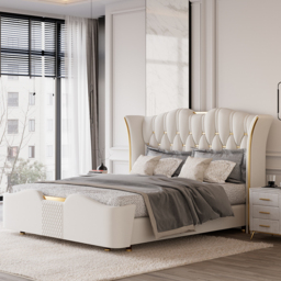 King Size Upholstered Bed Frame with Tufted Wingback Headboard - thumbnail 4