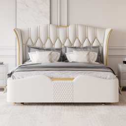 King Size Upholstered Bed Frame with Tufted Wingback Headboard - thumbnail 1