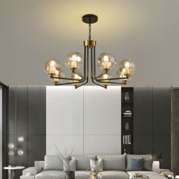 8-Light Sputnik Chandelier in Black & Gold Globe Glass Shade Included - thumbnail 1