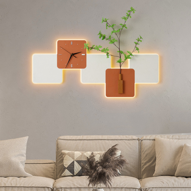 Modern LED Wall Clock with Faux Greenery – White & Orange, 1000mm x 450mm - image 1