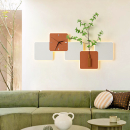 Modern LED Wall Clock with Faux Greenery – White & Orange, 1000mm x 450mm - thumbnail 3