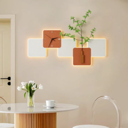 Modern LED Wall Clock with Faux Greenery – White & Orange, 1000mm x 450mm - thumbnail 2