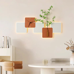 Modern LED Wall Clock with Faux Greenery – White & Orange, 1000mm x 450mm - thumbnail 4