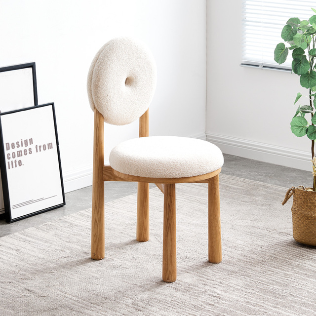 Japandi White Boucle Dining Chair Side Chair Natural Wood Legs - image 1