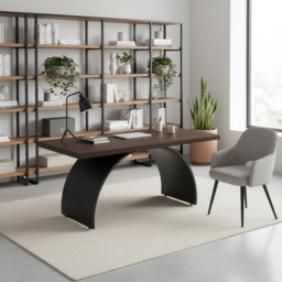 Industrial 180 cm Rectangular Walnut Wood Desk with Metal Base - thumbnail 1