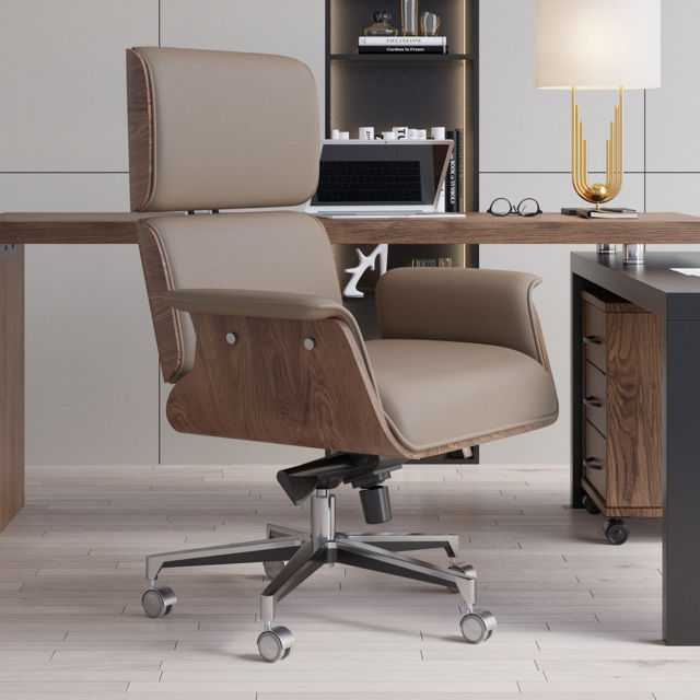 Modern Khaki Home Office Chair Upholstered Swivel Wooden Desk Chair Task Adjustable Height - image 1