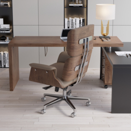 Modern Khaki Home Office Chair Upholstered Swivel Wooden Desk Chair Task Adjustable Height - thumbnail 3