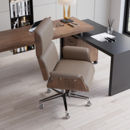 Modern Khaki Home Office Chair Upholstered Swivel Wooden Desk Chair Task Adjustable Height - thumbnail 4