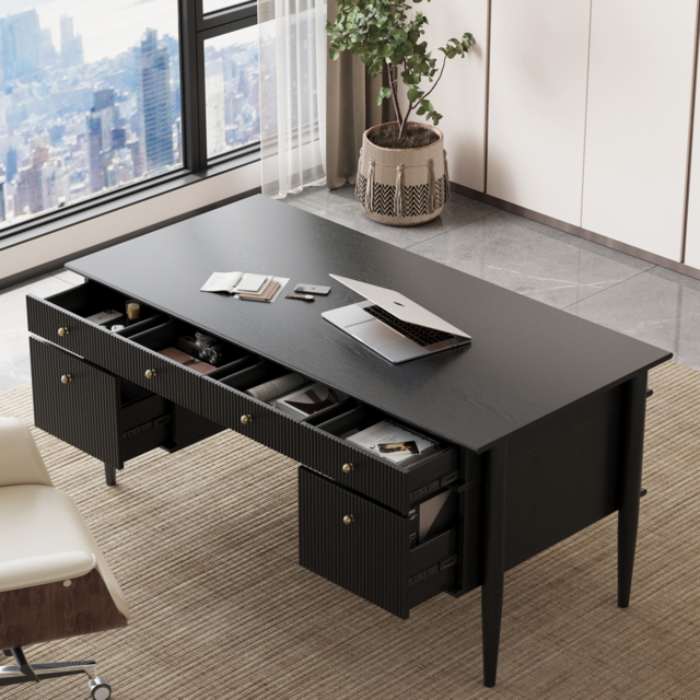 Mid-Century Solid Wood Home Office Desk with 6 Drawers Black Executive Writing Desk (160 cm) - image 1