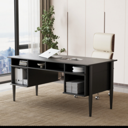 Mid-Century Solid Wood Home Office Desk with 6 Drawers Black Executive Writing Desk (160 cm) - thumbnail 4