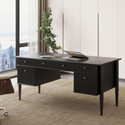 Mid-Century Solid Wood Home Office Desk with 6 Drawers Black Executive Writing Desk (160 cm) - thumbnail 2