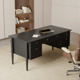Mid-Century Solid Wood Home Office Desk with 6 Drawers Black Executive Writing Desk (160 cm) - thumbnail 3