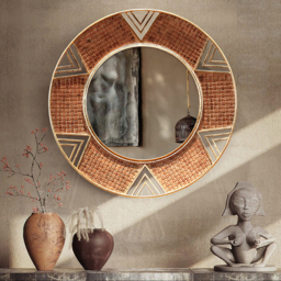 Modern Large Wall Mirror Decorative Round Metal Wall Decor Mirror in Brown - thumbnail 1