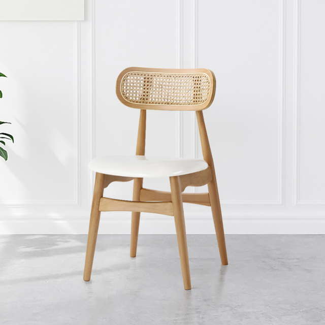 Japandi Natural Rattan Upholstered Dining Chair Ash Wood Side Chair Faux Leather - image 1