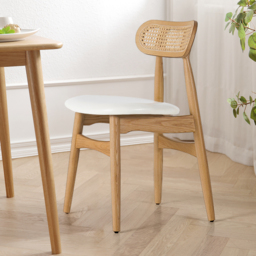 Japandi Natural Rattan Upholstered Dining Chair Ash Wood Side Chair Faux Leather - thumbnail 2