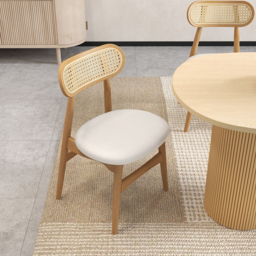 Japandi Natural Rattan Upholstered Dining Chair Ash Wood Side Chair Faux Leather - thumbnail 4