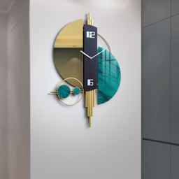 Unique Creative Geometric Oversized Wall Clock 3D Iron Home Decor Green & Gold & Black - thumbnail 2