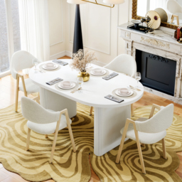 Japandi 1600mm-2000mm Oval Extendable White Dining Table & 4 Dining Chair Set - thumbnail 2