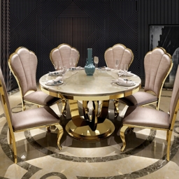 1200mm Modern Round Faux Marble Top Dining Table with Stainless Steel Base in Beige - thumbnail 2