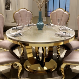 1200mm Modern Round Faux Marble Top Dining Table with Stainless Steel Base in Beige - thumbnail 1