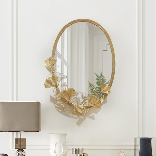 860mm Glam Oval Wall Mirror Hollow-out Ginkgo Leaves in Gold Metal Frame For Bedroom - image 1