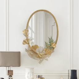 860mm Glam Oval Wall Mirror Hollow-out Ginkgo Leaves in Gold Metal Frame For Bedroom