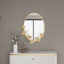 860mm Glam Oval Wall Mirror Hollow-out Ginkgo Leaves in Gold Metal Frame For Bedroom - thumbnail 4