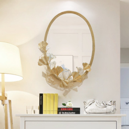 860mm Glam Oval Wall Mirror Hollow-out Ginkgo Leaves in Gold Metal Frame For Bedroom - thumbnail 2